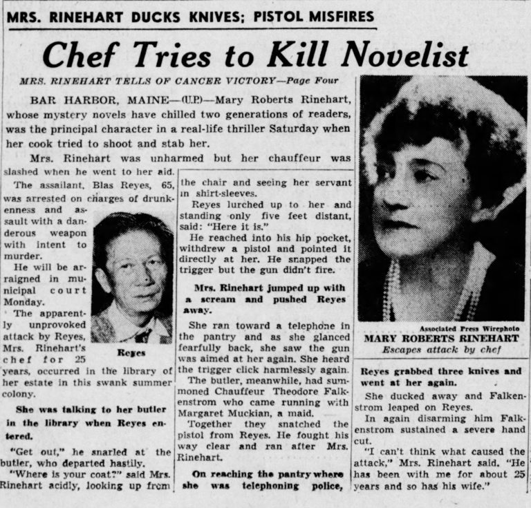 Imagen de una noticia en un periódico con el titular "Chef Tries to Kill Novelist" sobre Mary Roberts Rinehart